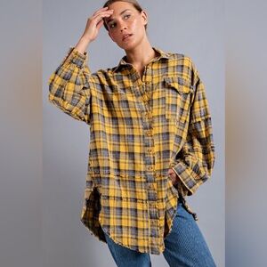 EASEL oversized Mineral Washed Plaid Shirt Button up Mustard Plaid ET16600
